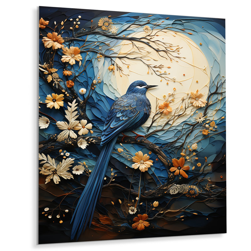 «Springtime Blue Bird Singing Blooms I», art mural oiseau en métal, H 32 po x l 16 po x P 1 po