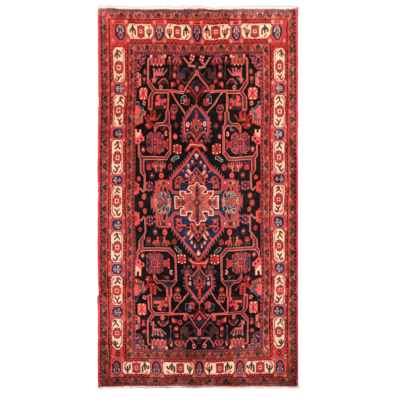 Tapis géométrique traditionnel noir en laine noué à la main 5 pi 1 po x 9 pi 10 po