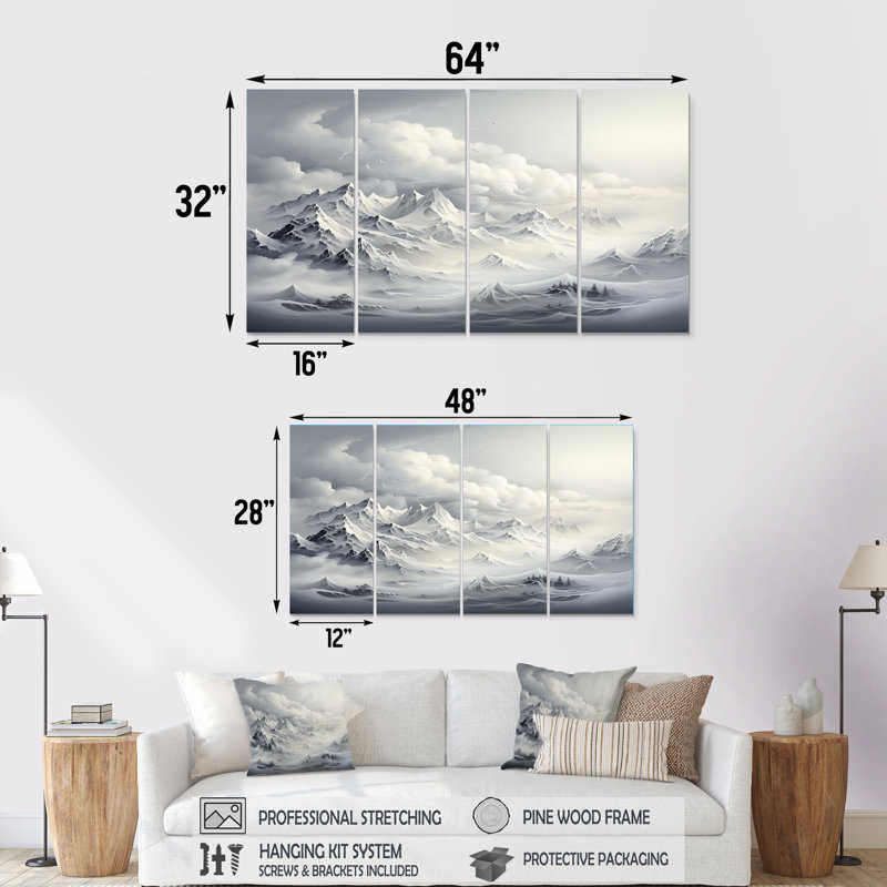 «Snowy Mountain Peaks Serenity III - Mountains Winter», ensemble d'art mural 4 pièces, H 32 po x l 64 po