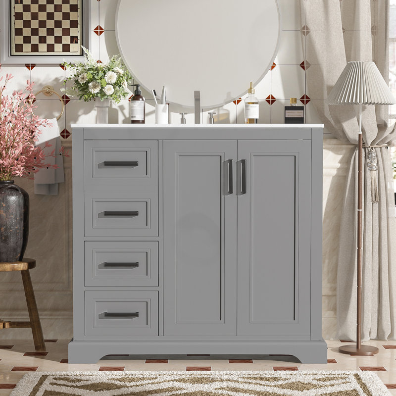 Meuble-lavabo avec tablette réglable et 3 tiroirs, Gris