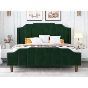 Malalia Queen Size Velvet Bed Frame With Modern Curved Upholstered Headboard And Footboard, Upholstered Platform Bed