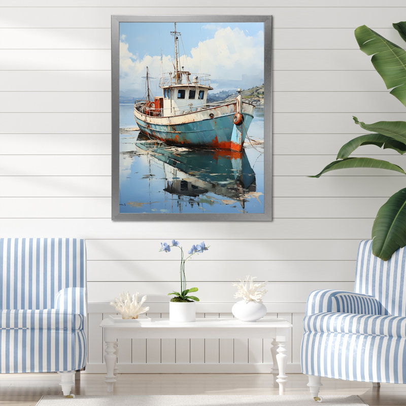Bateau de pêche, art mural sur toile, reproduction de paysage côtier - Bateau de pêche au port, H 44 po x l 34 po x P 1,5 po