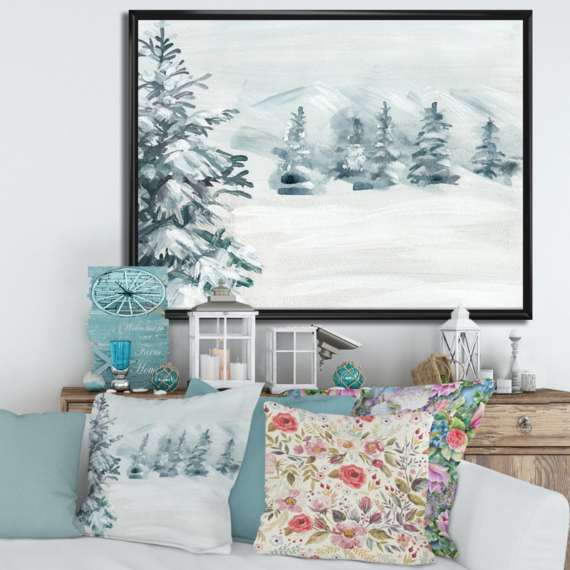 Snowy Pine Trees - reproduction sur toile, H 12 po x l 20 po x p 1 po, Toile avec cadre noir