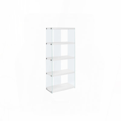 Bookshelf, Bookcase, Etagere, 5 Tier, 60"h, Office, Bedroom, Glossy White Laminate, Clear Tempered Glass, Contemporary, Modern