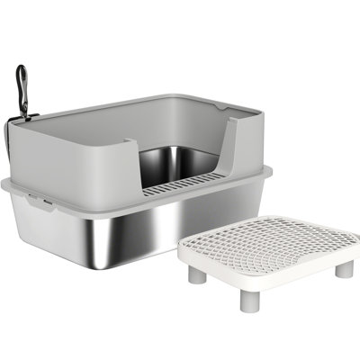Litière pour chat en acier inoxydable haute gris et pédale de sable L 23,7 po x l 15,8 po H 11,6 po, grande et spacieuse, gris, convient aux chats