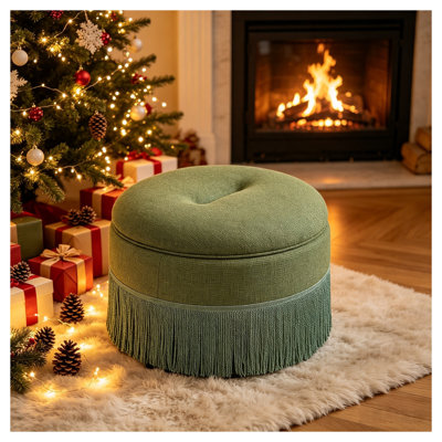 Pouf coffre rond avec franges à pompons, repose-pieds rembourré de 59 cm (23,23 po), capacité de 113 kg (250 lb), pouf en tissu vert pour salon, chambre, entrée