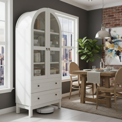 Unité de rangement de cuisine arquée, panneau en bois de 71 pouces, portes doubles, tiroirs doubles et tablettes réglables