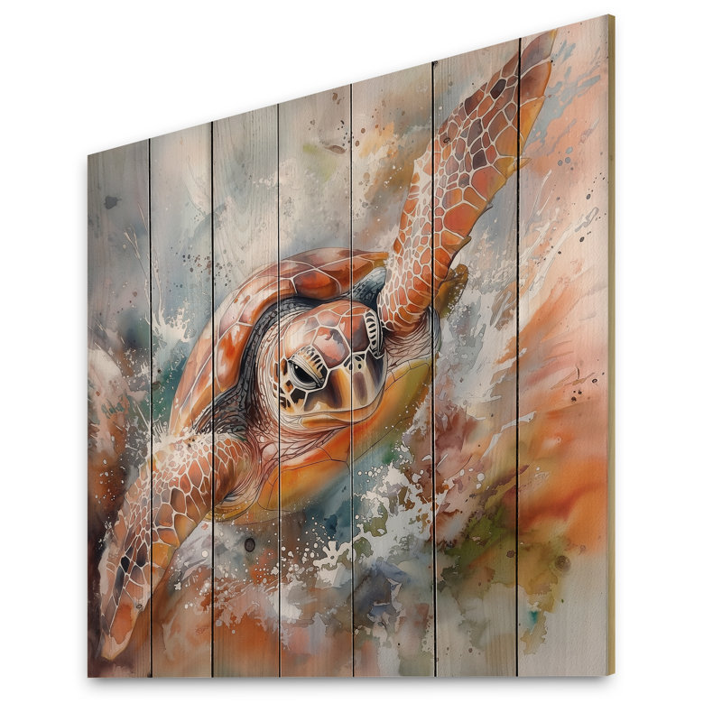 Océan Turtle Journey II - Art mural moderne en bois sur bois de pin naturel, H 25 po x l 25 po