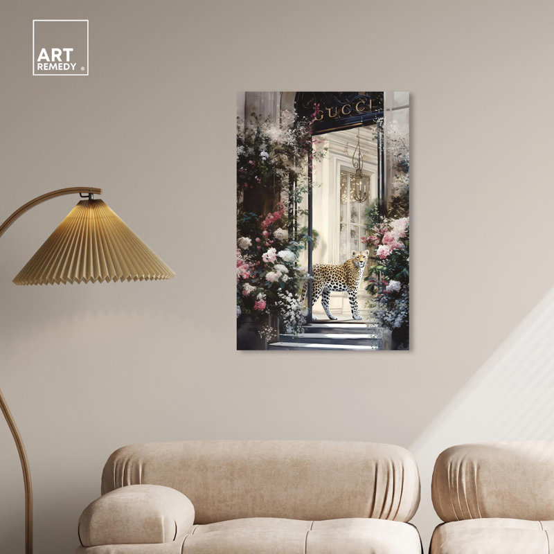 Large Floral and Leopard Canvas Wall Art in Beige and Green