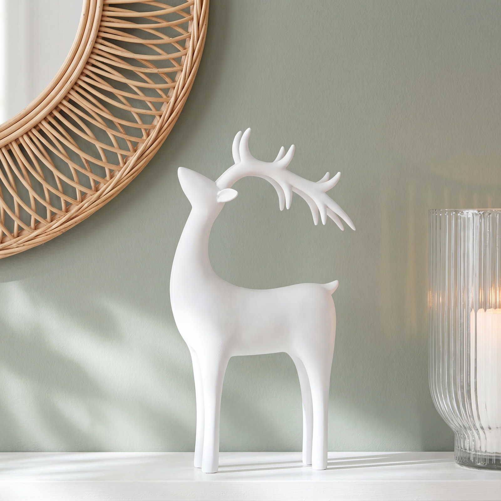 Red Deer Figurine, 11.75" H x 6.5" W x 3" D , Matte White