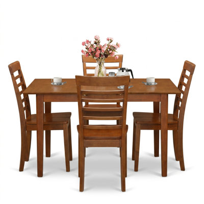Saddle Brown Solid Wood Rectangle Dining Table Set Butterfly Leaf 6 Wood Seat Chairs