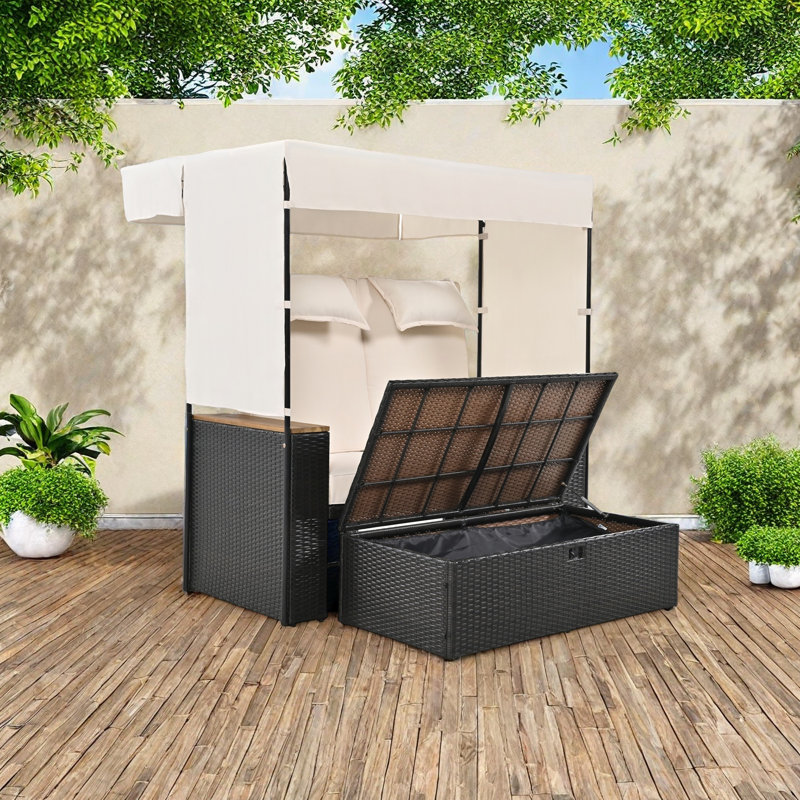 Lit de jour d'extérieur en rotin avec auvent, dossier réglable, coussins et coussins, sièges combinés gratuits pour le jardin, le patio, le bord de la piscine, avec banc de rangement et fonction d'inclinaison