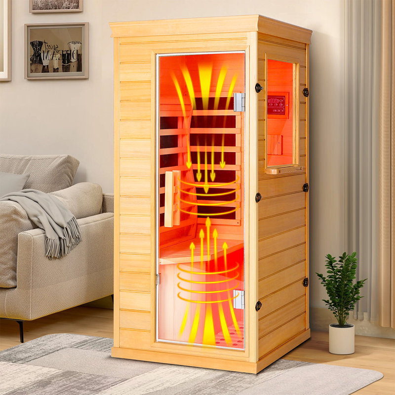 1 Person Wood Sauna Room for Home, 850W/110V Infrared Sauna, 31.5”L × 27.5”W × 61”H