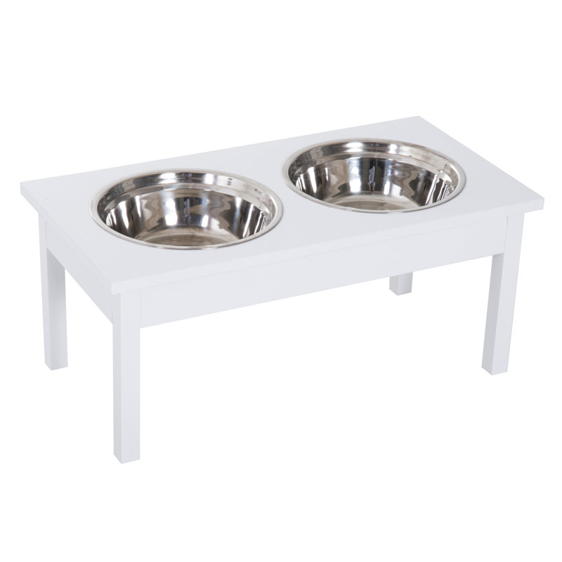 White Elevated Wooden Pet Feeding Station with Stainless Steel Bowls