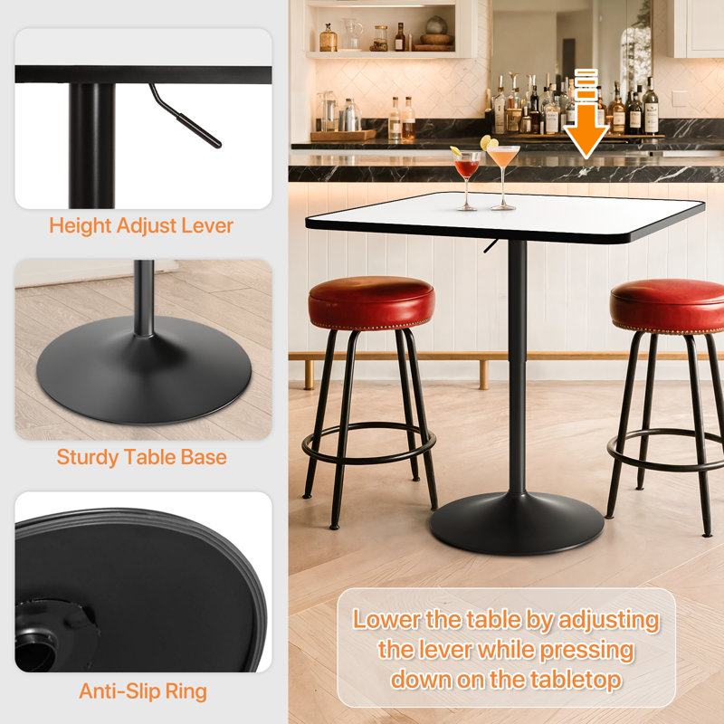Bistro Pub Table Square Adjustable Height Cocktail Bar Table with Metal Base and Wooden Table Top, White, 31.5" W x 31.5" L