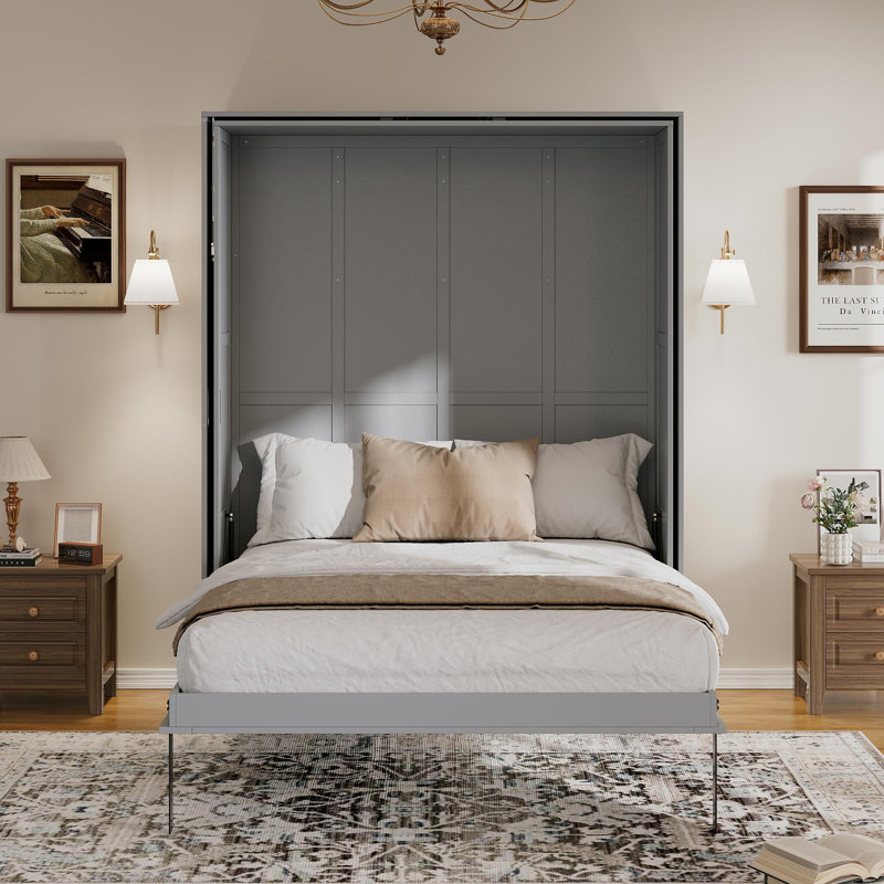 Grand lit escamotable rotatif avec supports de rangement cachés, lit mural multifonctionnel peu encombrant pour le bureau à domicile et les petites pièces, gris