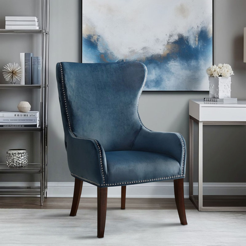 Braegan Button Tufted Wingback Accent Chair with Nailhead Trim, Cobalt Blue Polyester