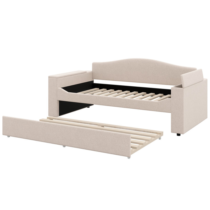 Upholstered Daybed With Storage Armrests, Trundle And Latest Integrated Bluetooth Audio System, Teddy Fleece,, Beige