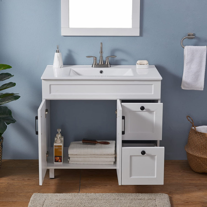 36'' Matte White Modern Free-Standing Single Bathroom Vanity With Ceramic Pot