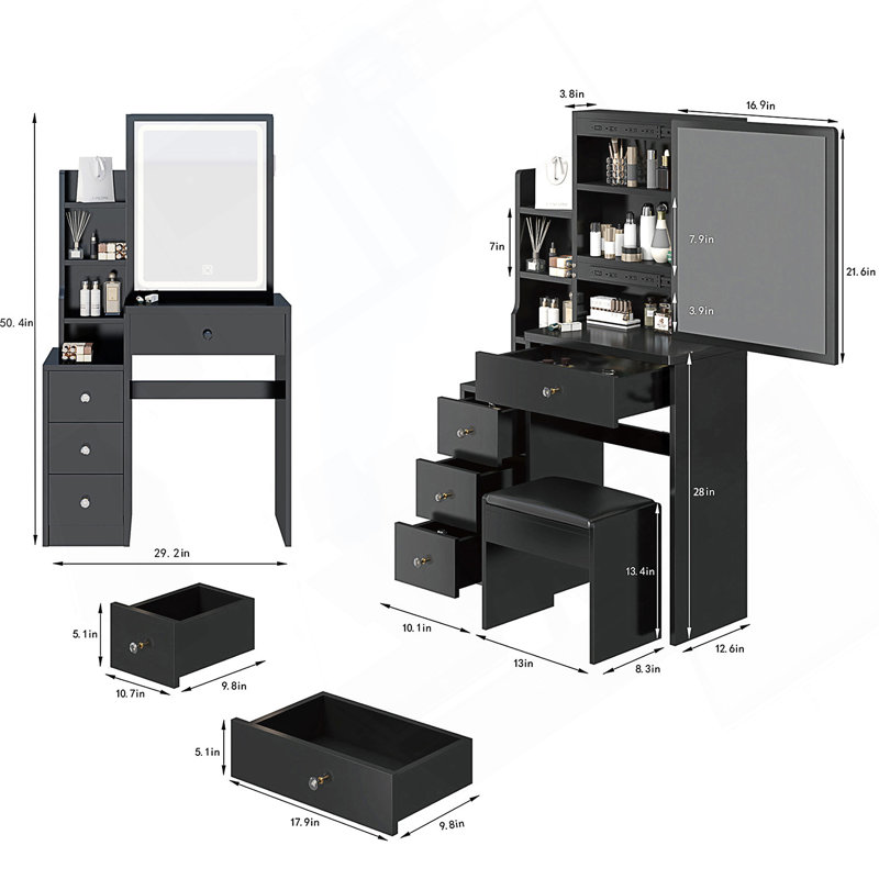Compact 29.2-Inch Vanity Table Set With Cushioned Stool And Sliding Mirror, Multi-Layer Storage For Small Spaces, Black