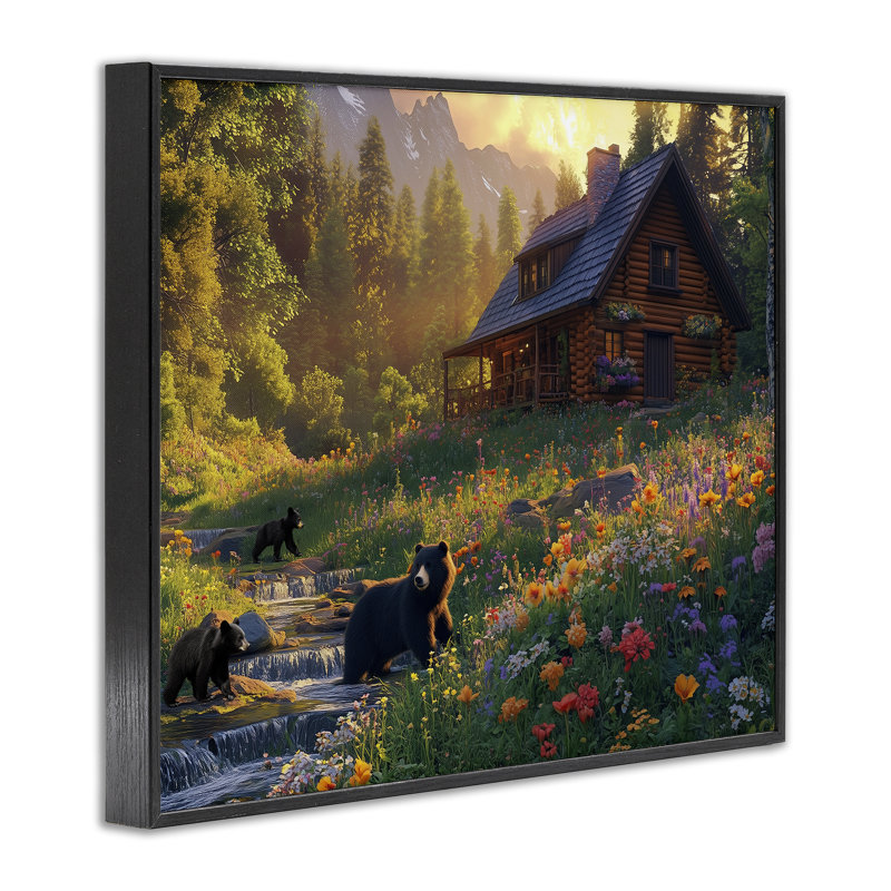Bears at Floral Cabin, estampe numérique, conception de Jim Baldwin, H 11 po x l 14 po, Giclée encadrée noir minuit