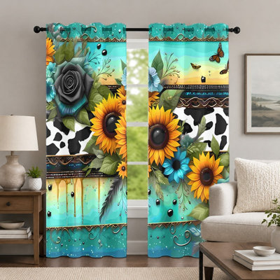 2Pcs Teal Sunflower and Cow Print Curtains, Western Floral Butterfly Pattern Grommet Drapes, Vibrant Farmhouse Style Window Treatment for Bedroom Living Room Decor