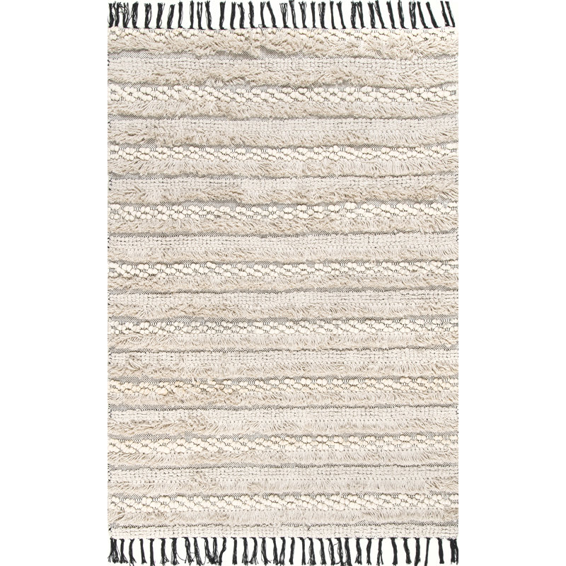 Tapis beige en coton fait à la main Aveera, Rectangulaire 3 pi x 5 pi