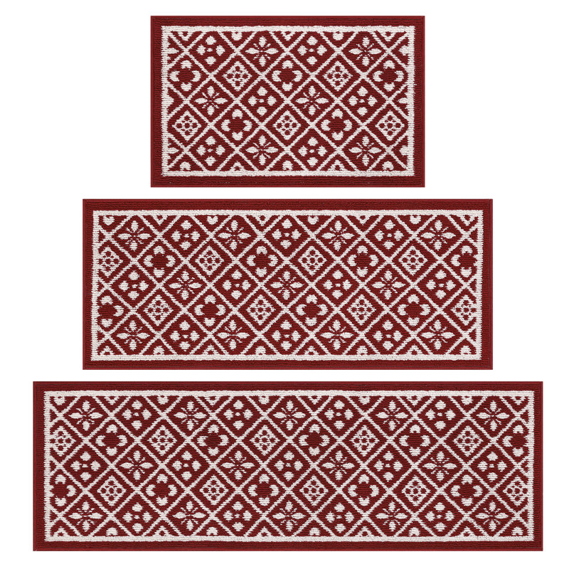 Non-Skid Washable Kitchen Mat (Set of 3), Red