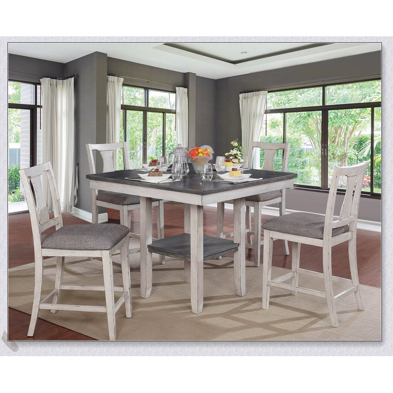 Ensemble de salle à manger rustique blanc antique 5 pièces avec table à hauteur de comptoir, tablette intégrée et chaises hautes uniques pour un repas élégant
