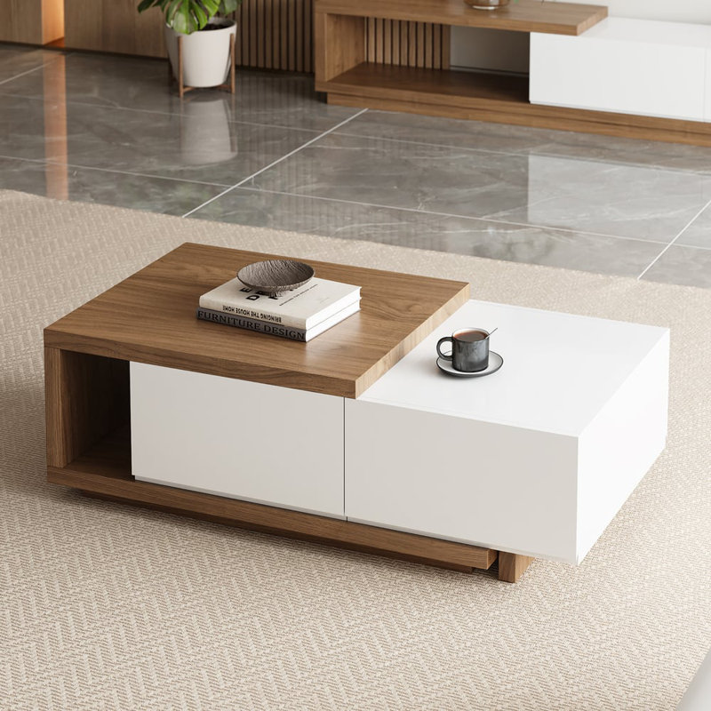 Table basse extensible Quoint avec 2 tiroirs (47 po à 69 po), Blanc/noyer
