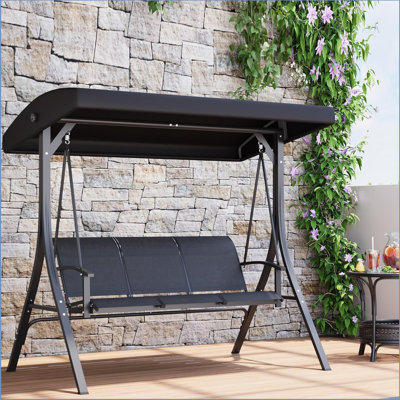 Balancelle de patio à 3 places, balançoire de véranda d'extérieur avec auvent et accoudoirs réglables, siège et dossier en polyester enduit de PVC respirant, banc de balançoire pour le jardin, la piscine, la cour arrière, noir