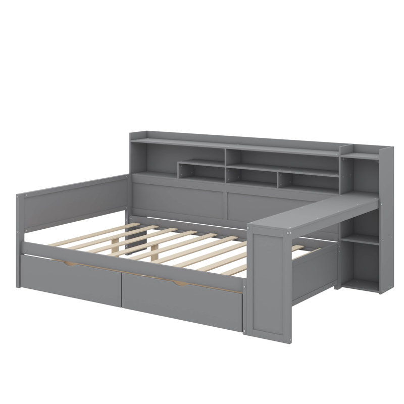 Lit de jour Timber avec rangement intégré, deux tiroirs et un bureau d'étude, Lit double