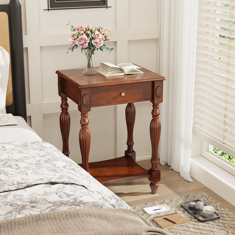 Table d'appoint en bois massif avec tiroir et tablette de rangement Halleli