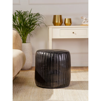 BBH HOMES HANDMADE ECO-FRIENDLY ROUND SHAPED STUFFED BUFFALO LEATHER BLACK POUF - 21" x 21" x 12", Round Shape, Black Color, Plain Solid Design, Genunie Buffalo Leather, Recycled Cotton Stuffed, Seating Pouf For Living Room, Study Room, Patio & Office