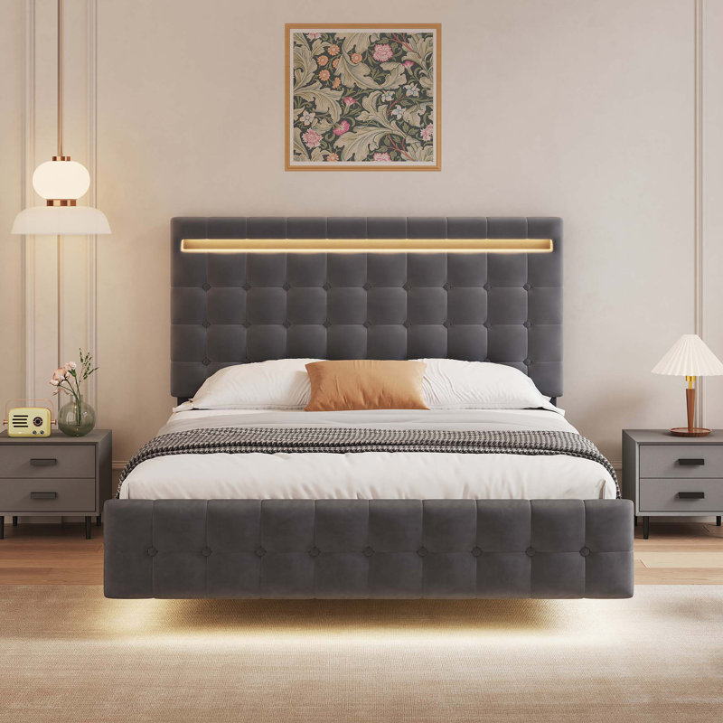Luxurious Floating Bed Frame with LED Lights, Plush Velvet Upholstery, and Easy Assembly for a Modern Bedroom