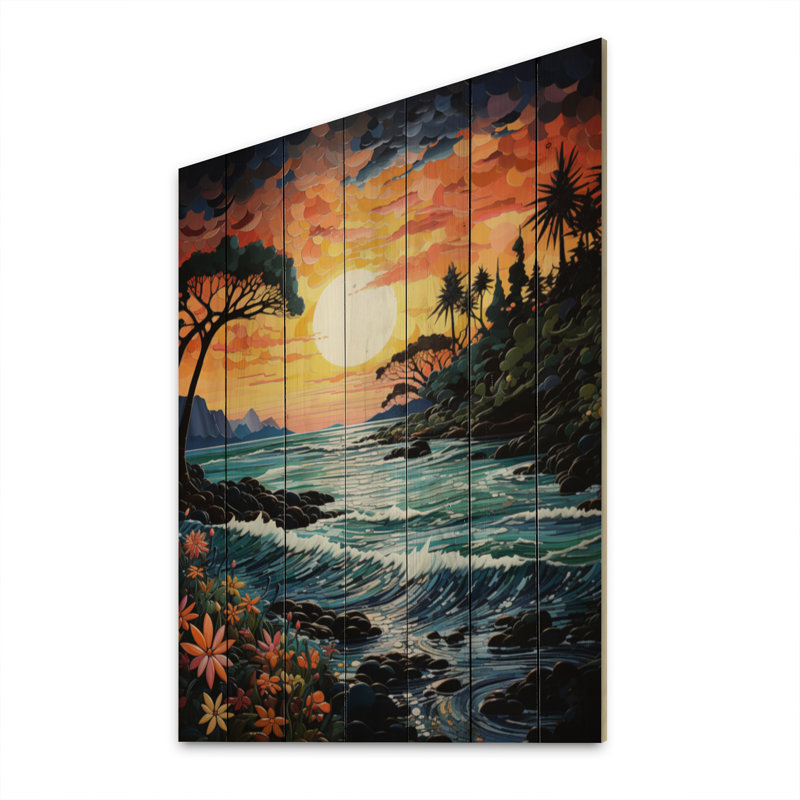 Coastaltropical, paradis tropical, pointillisme, impression sur bois naturel, H 20 po x l 10 po x P 0,78 po
