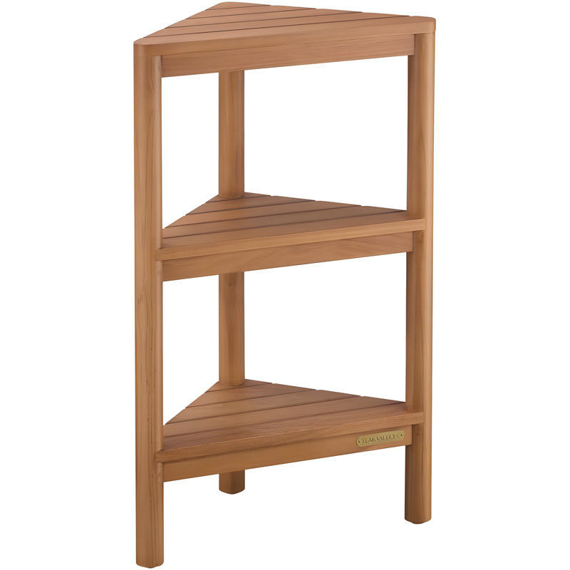 Serviteur de douche de coin en bois de teck massif entièrement assemblé avec tablettes, support de rangement pour salle de bain de 26,5 pouces avec pieds antidérapants et quincaillerie cachée