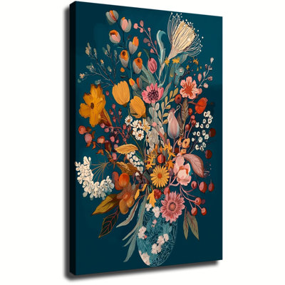 Bouquet de fleurs sauvages éclatantes dans un vase, style botanique rétro, grande toile tendue sur châssis pour salon ou chambre.