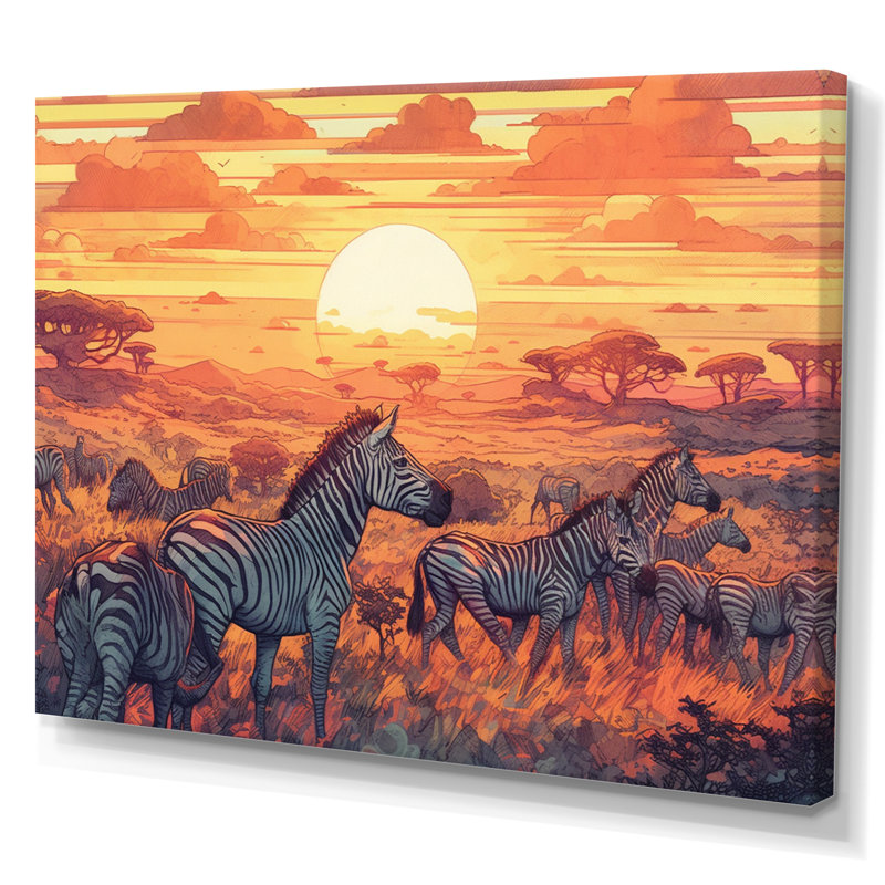 Safari africain orange avec zèbres sur toile, H 16 po x l 32 po x P 1 po, Toile tendue