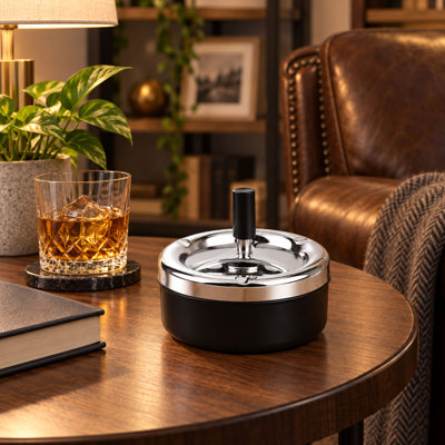 5.2'' Round Spinning Metal Ashtray with Push-Down Lid for Indoor/Outdoor Use