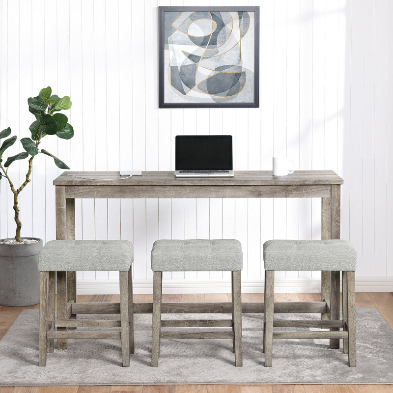 Table de bar 4 pièces avec prise de courant pour différentes pièces - surface en grain de bois, tabourets confortables, mousse à haute élasticité, prise industrielle et à chaises facile à assembler, table de qualité repas, chaises solides,