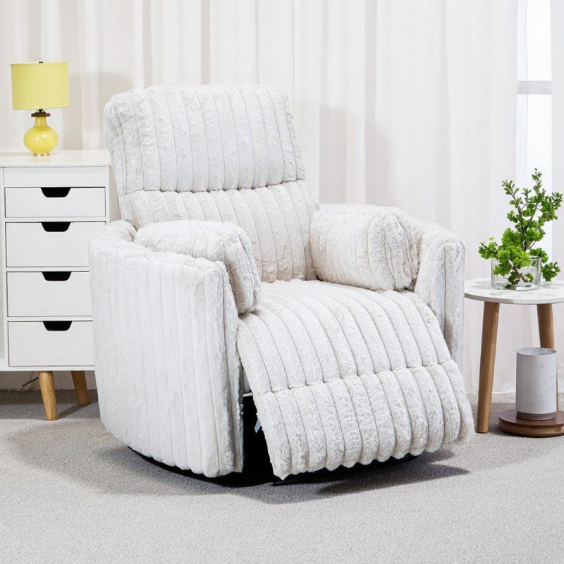 Contemporary Style Power Glider Recliner W/ Swivel Curved Arms Pillow Fill Swivel Chair Primary Living Room, White