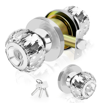 Crystal Privacy Door Knob with Lock and Keys, Diamond Glass Interior Door Knob for Bedroom, Bathroom or Closet, Satin Nickel, 1 Pack