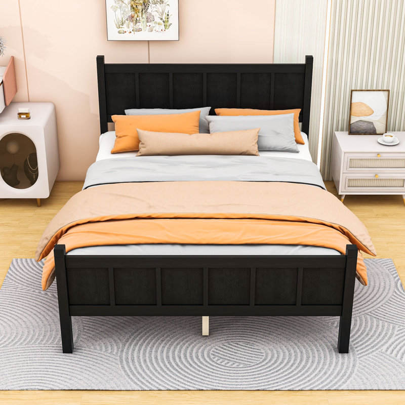 Lit plateforme en bois avec tête de lit, Noir, Lit double