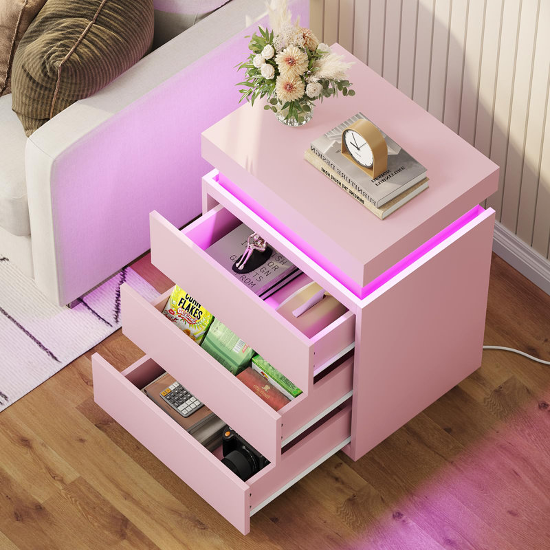 Nightstand with Charging Station and LED Lights,Night Stand with Sliding Top,Bedside Table with Drawers,Modern End Side Table for Bedroom
