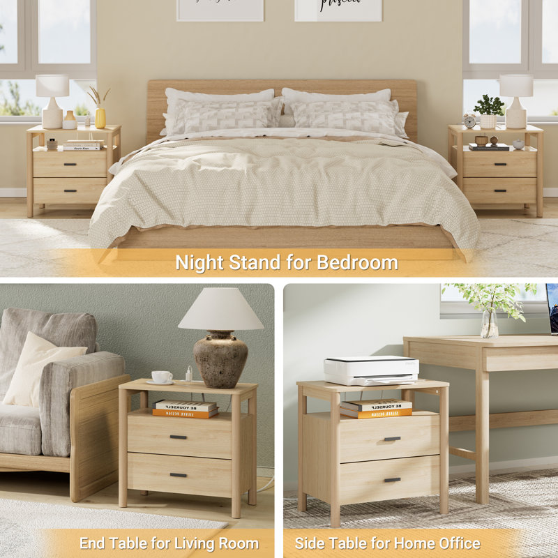 24" Large Nightstand Set of 2 with Charging Station, Solid Round Post Legs, 2 Drawers End Table with Open Shelf, Set of 2