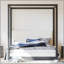 Lit plateforme à baldaquin en bois grand avec tête de lit tapissier, structure noire et tissu blanc