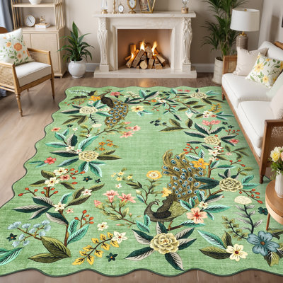 Tapis festonné lavable festonné 5 x 7 de couleur paon pour salon Botainical Farmhouse