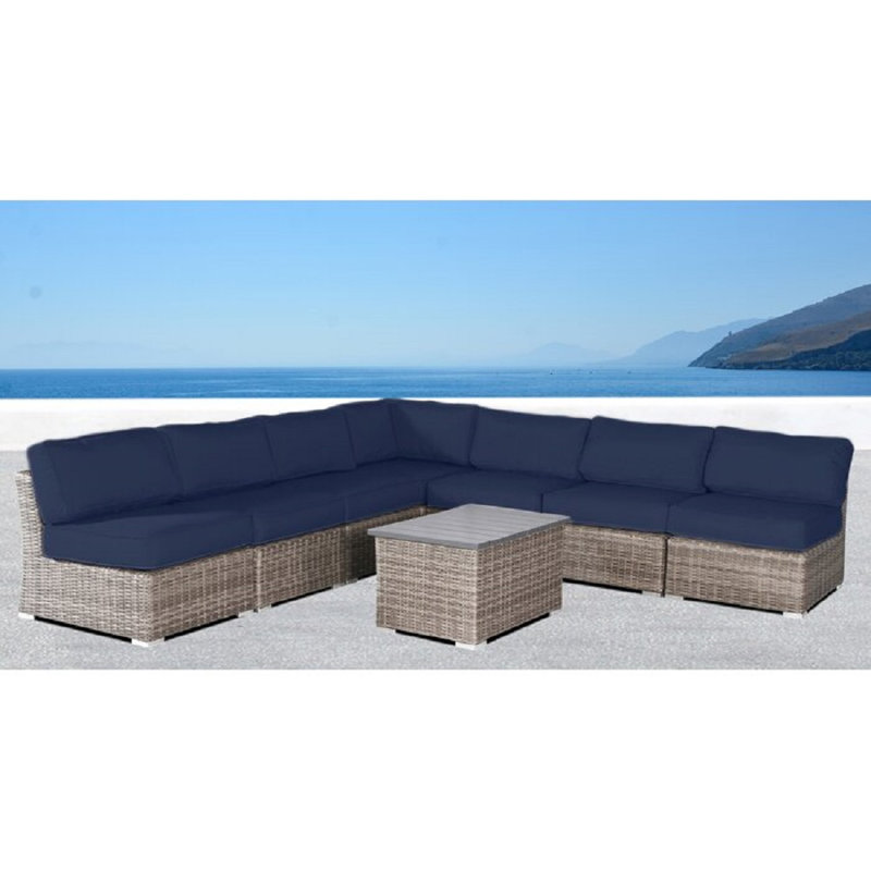 Ajahar Wicker Fully Assembled 6 - Person Seating Group with Sunbrella Cushions, Navy Blue
