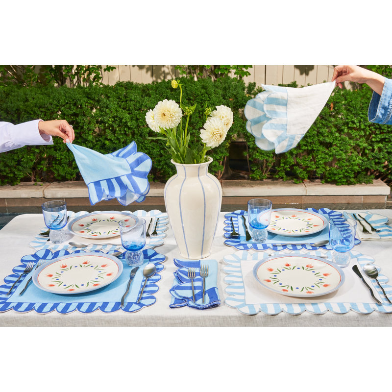 Jardin Embroidered Linen Scalloped Stripe Napkins, Blue
